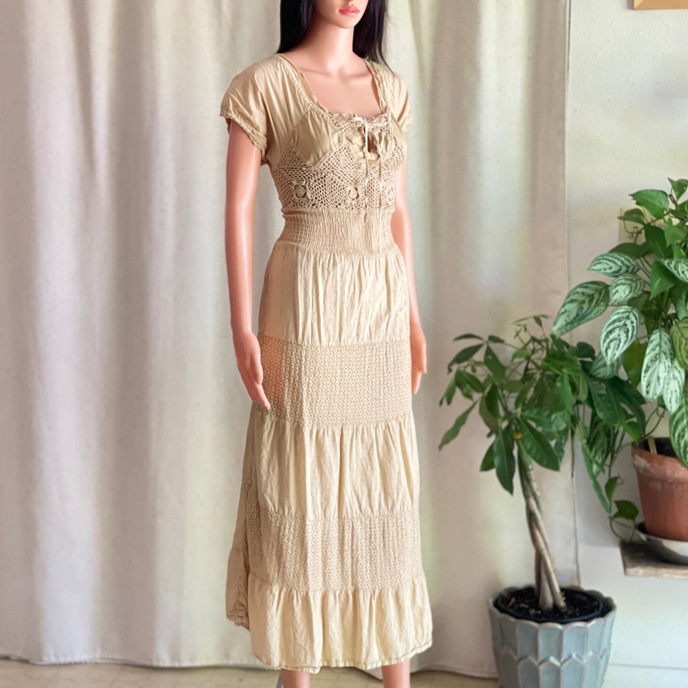Vtg 90s Beige Yellow Cotton Crochet Lace Dress Boho Cottagecore Peasant Prairie